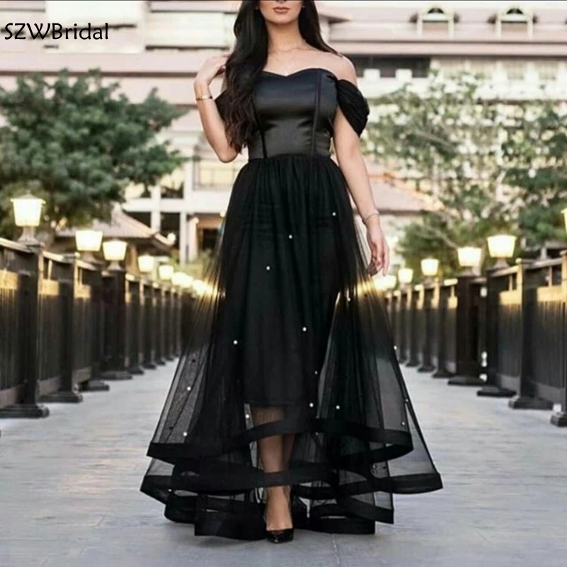 

New Arrival Off the shoulder Black Evening dresses Long Beaded Pearls Abendkleider abiye Muslim Evening Dresses 2019 vestido