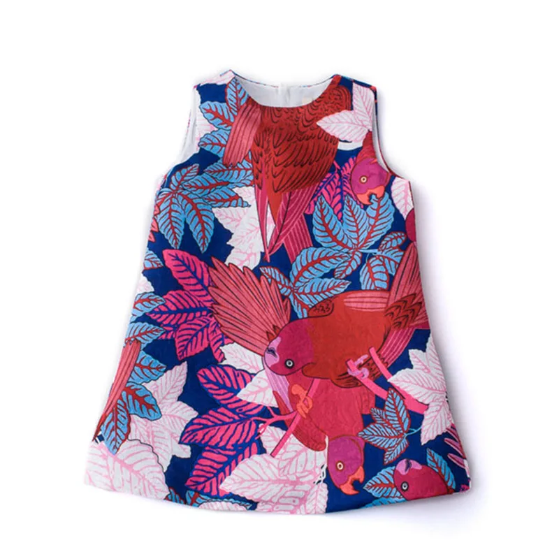 

Fashion Girls Clothing Vintage Parrot Pattern Dress Autumn Sleeveless O-Neck Princess Costume for Kids Dresses Girls Clothes