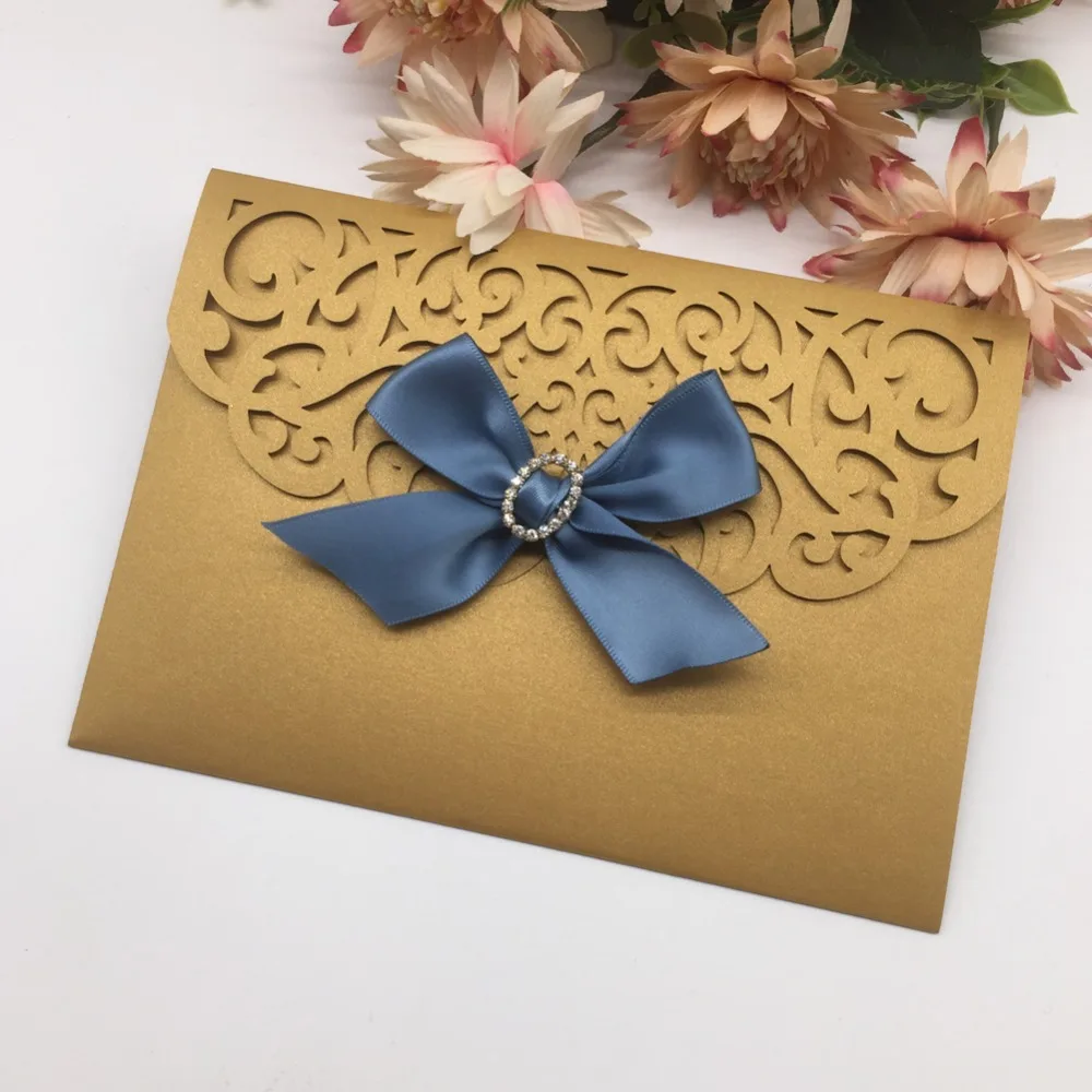 50pcs Luxury Tri-Folding Type Wedding Invitations With Bowknot Laser Cut Lace Design Birthday Party Card RSVP | Дом и сад
