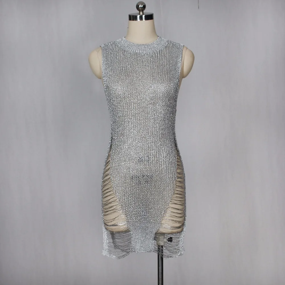 Sexy Gold Knitted Sweater Dress Silver Sleeveless Hollow Mini Beach