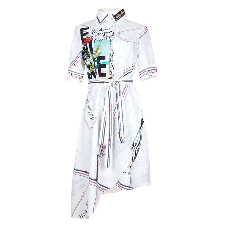 

VERDEJULIAY Runway Irregular Dress Summer 2019 Fashion Letter Flower Print Patchwork Sequined Beading Knee-Length Dress Vestidos