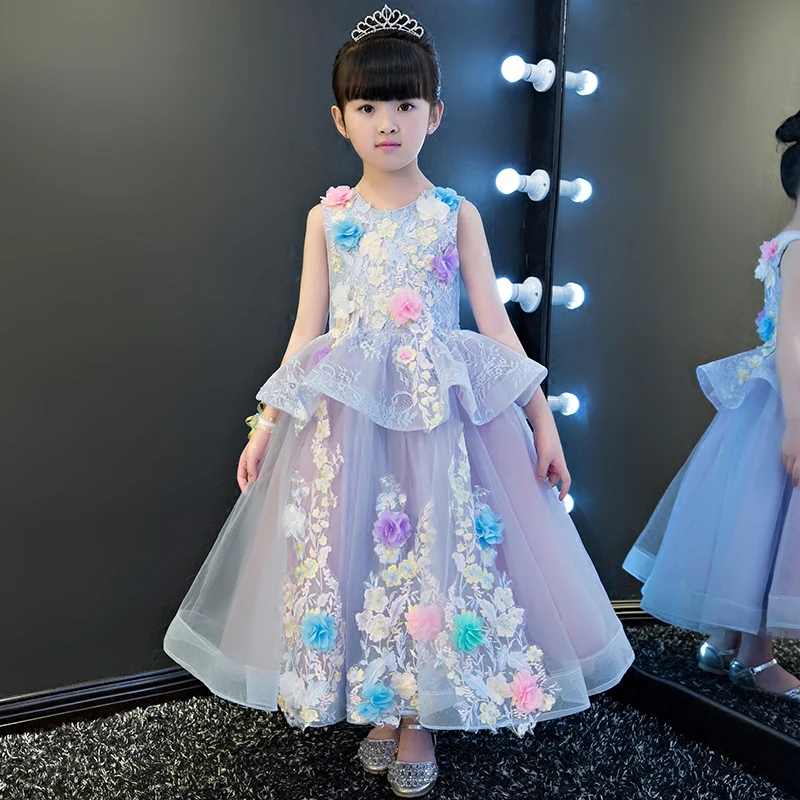 

2018 New Elegant Children Kids Flowers Birthday Wedding Party Princess Ball Gown Long Dress Girls Performance Performance Dress