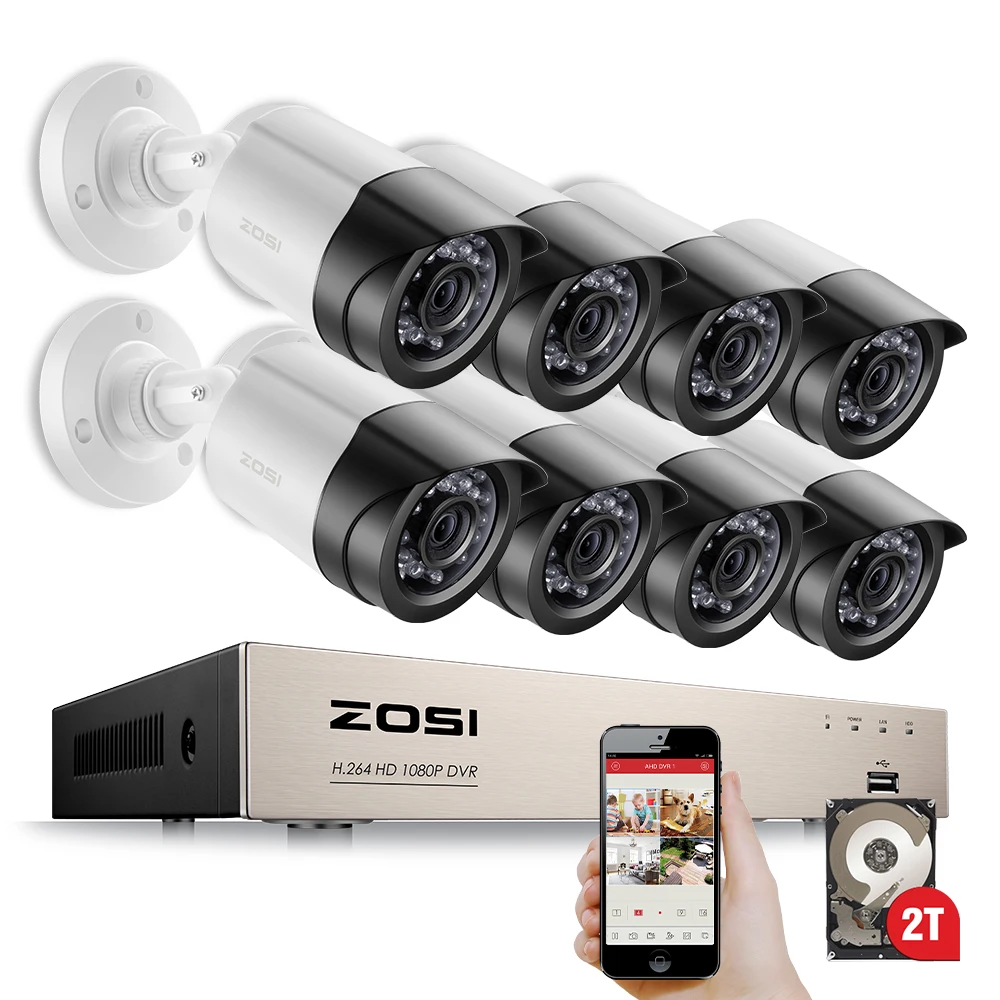 

ZOSI HD 8CH 1080P 2.0MP Security Cameras System 8*1080P Outdoor Night Vision CCTV Home Security System 2TB HDD