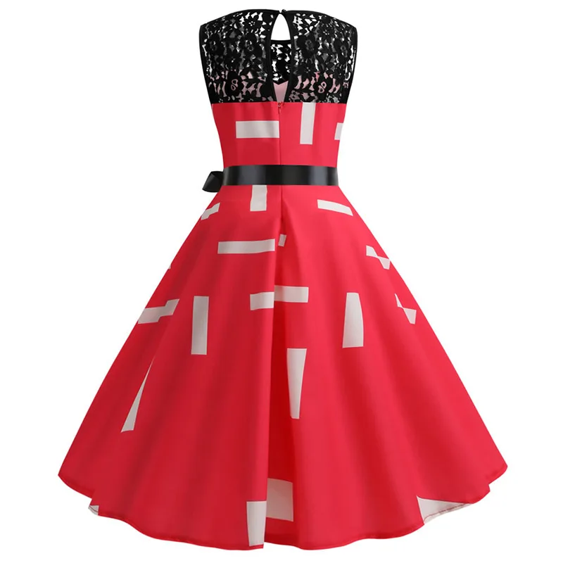 Red Elegant Party Dress Women Summer Lace Vintage Dress Vestidos 50s 60s Rockabilly Swing Dress Casual Plus Size Midi Dresses
