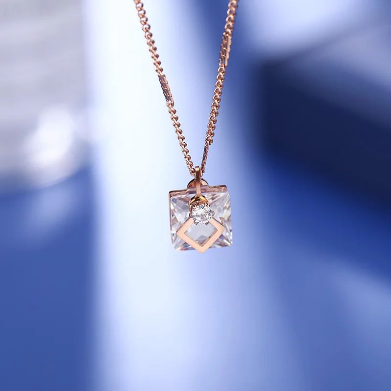 LuxJuly New Korean Female Titanium Stainless Steel Crystal Square Zircon Clavicle Necklace | Украшения и аксессуары