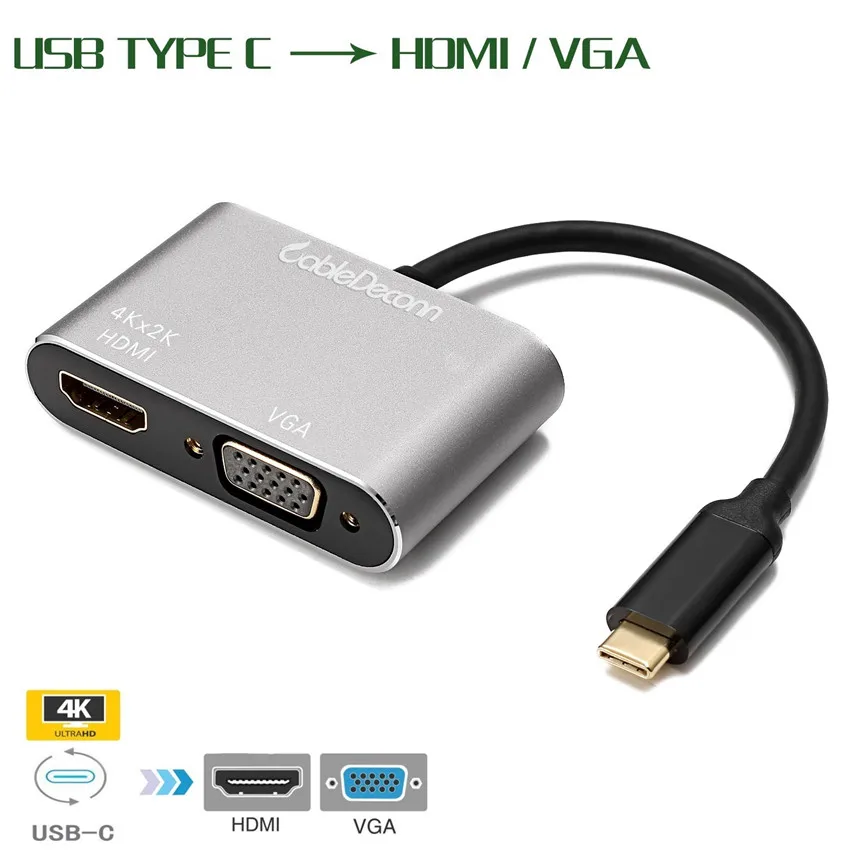 Тип usb C к адаптер HDMI VGA 1080 P видео кабель конвертер поддерживает VGA, HDMI одновременно для ноутбука HDTV проекторы мониторы