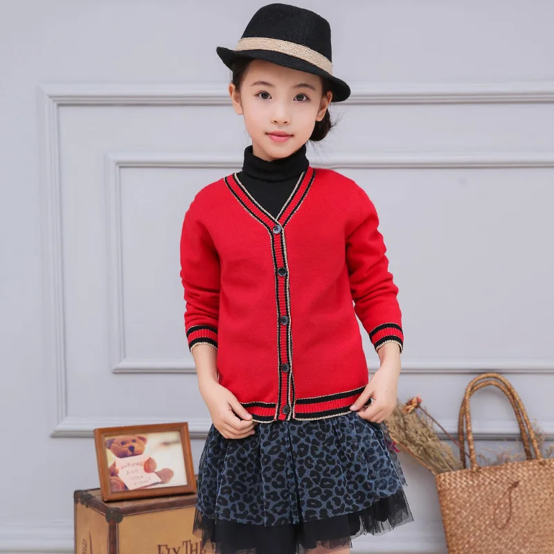 

2016 Fashion Cardigan Sweaters For Girl Christmas Kids Clothes Girls Knitted Sweater Children Solid Jumpers V-neck Cotton Knit