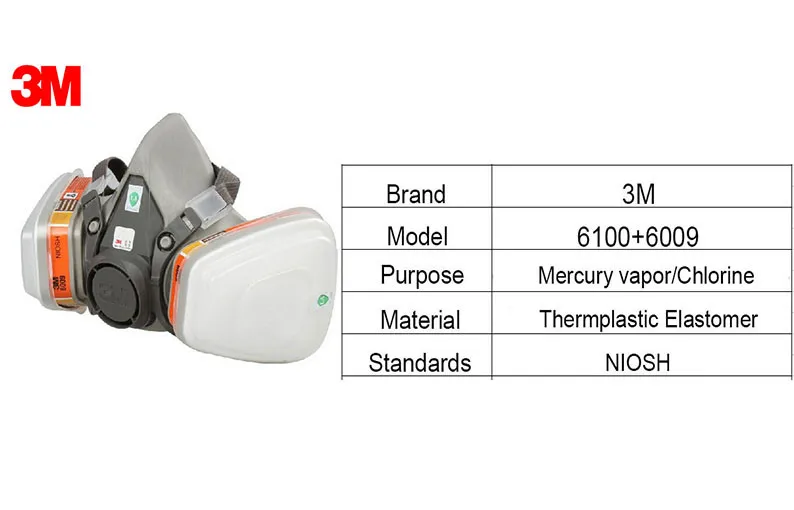 3 м 6100+ 6009 многоразовая полумаска для лица, респиратор, ртуть, органический пар, хлор, кислота, газовый картридж, маска, 7 предметов, 1 комплект, E0000
