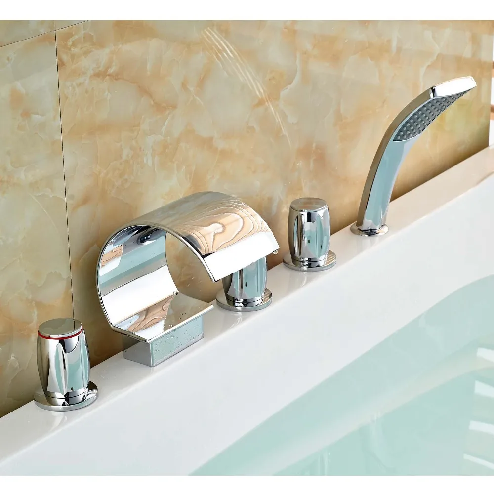 

Deck Mount Waterfall Widespread Bathroom Tub Faucet Three Handles Mixer Taps for Bathtub with Handheld Shower