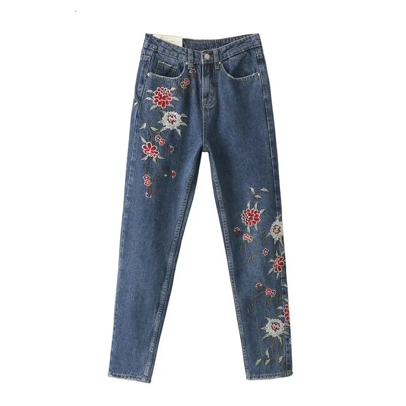 Синего джинсового цвета цветочной вышивкой Для женщин джинсы Карманы Винтаж дамы пят Джинсы Брюки Мода Femme офисные Для женщин джинсы