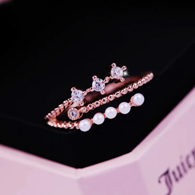 Регулируемое циркониевое кольцо с искусственным жемчугом новые кольца золотого цвета для женщин bijoux Трендовое ювелирное изделие милый подарок