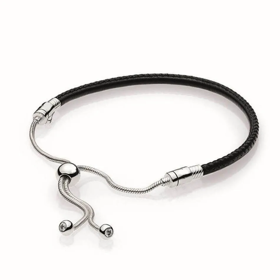 

Authentic 925 Sterling Silver Women Jewelry Sliding Black Leather Bracelet fit Lady Bead Charm Pendant Dangle