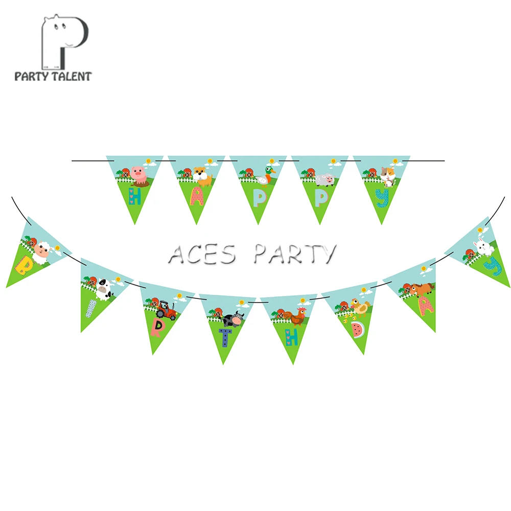 

Party supplies 1set Farm Animals Pig Cow theme party HAPPY BIRTHDAY paper banner bunting pennant including 13 flags and a string