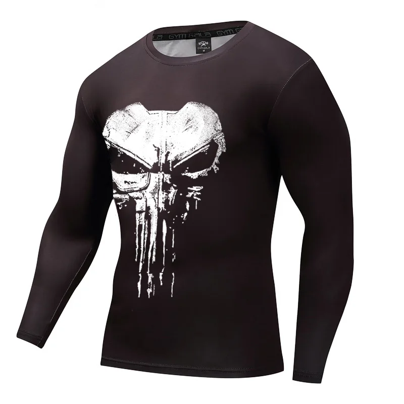 

2018 New Cosplay Fitness Body Building Tshirt Male Tops Compression Long Sleeve Shirt 3D Skull Print punisher T-shirt
