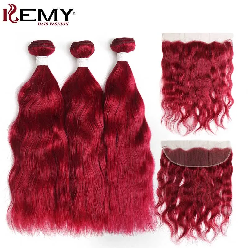 

99J/Burgundy Red Color Natural Wave Human Hair Bundles With Frontal 13*4 KEMY HAIR Brazilian Non-Remy Hair Weaves 3/4Pcs Bundles