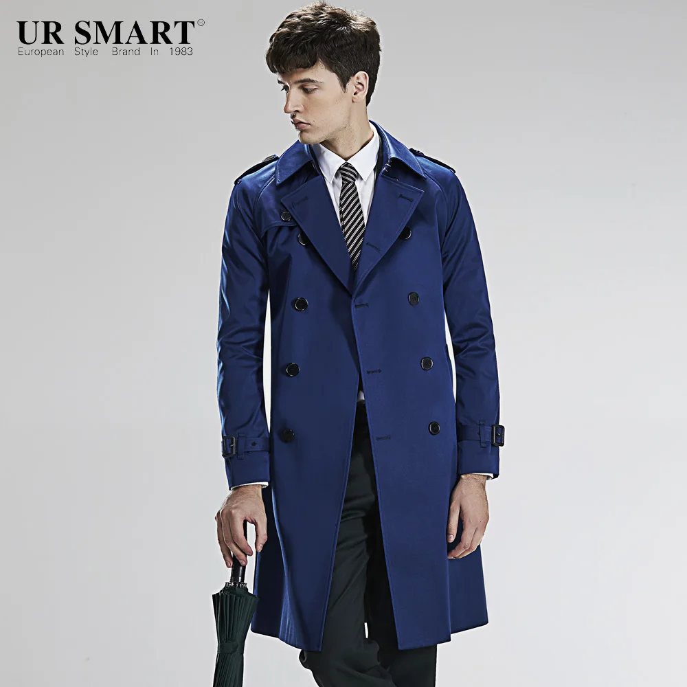 URSMART анти-морщин двубортный длинный после мужской ветровки Сплит луч талии, культивировать свою мораль Мужское пальто - Цвет: Navy blue
