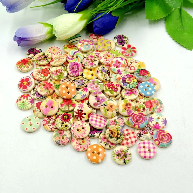 100pcs 2 Holes Wood Buttons Craft Handmake Scrapbooking Sewing Clothing Accessories 15mm Flower Painted Buttons Sewing Crafts (5)