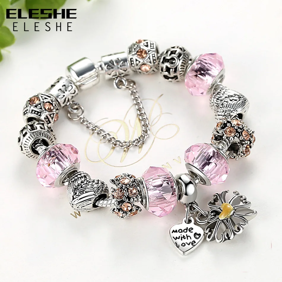 ELESHE Flower Pink Murano Glass&Crystal European Charm Beads Fits DIY Style Heart Charms Bracelets for Women