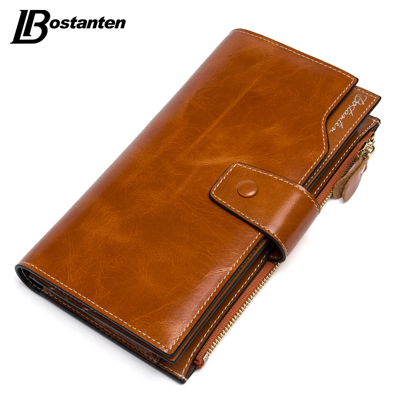 BOSTANTEN Vintage Genuine Cowhide Oil Wax Leather Women Long Wallets Purse Brand Wallet Women ...