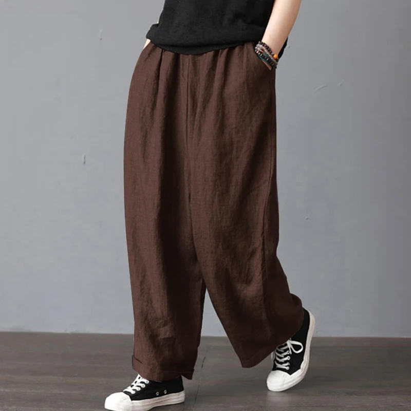 S-5XL Women Fashion Loose Long Pants Cotton Linen Solid Wide Leg Pants With Pockets Ladies Casual Summer Autumn Baggy Trousers