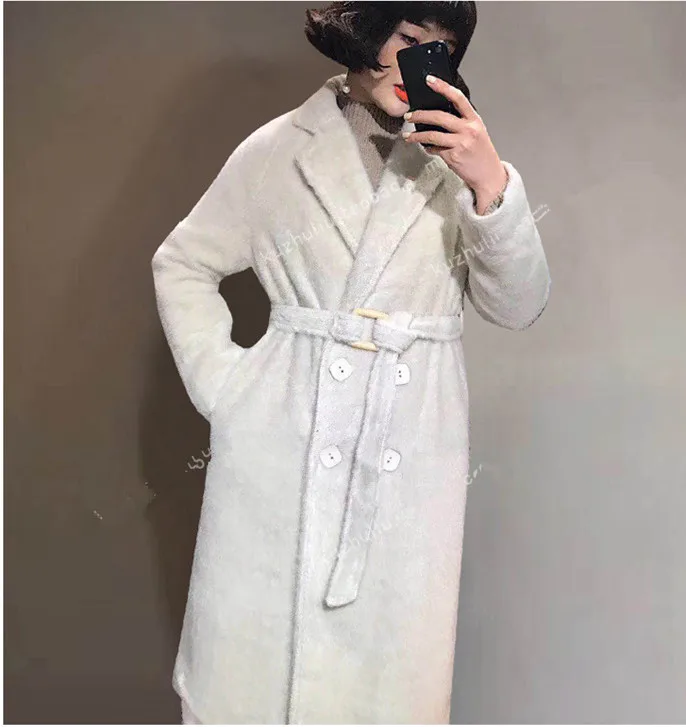 

2019 luxury Real Mink Cashmere coat long hiary plush fur Coat with belt women Winter Fluffy Outwear thick warm oversize cardigan