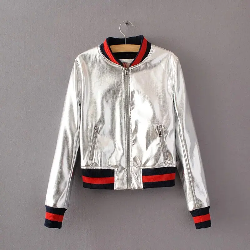 

Fashion autumn winter PU bright leather female metallic silver short coat slim women s coats clothing outwear Baseball jacket