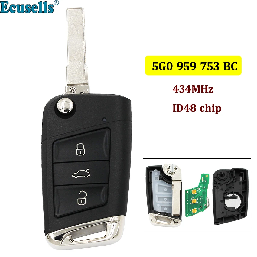 

3 buttons Flip Remote Key Fob 434MHz with ID48 Chip for VW Volkswagen Skoda Octavia A7 MQB Golf VII Golf7 Golf MK7 2017
