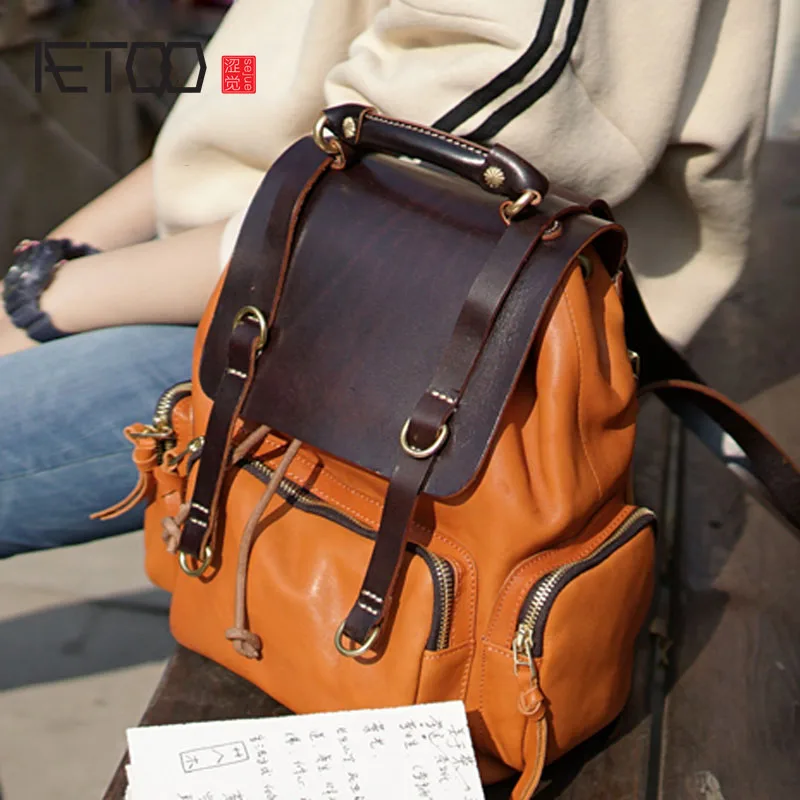 

AETOO Vintage handmade wash color leather cowhide ladies female bag computer bag casual backpack
