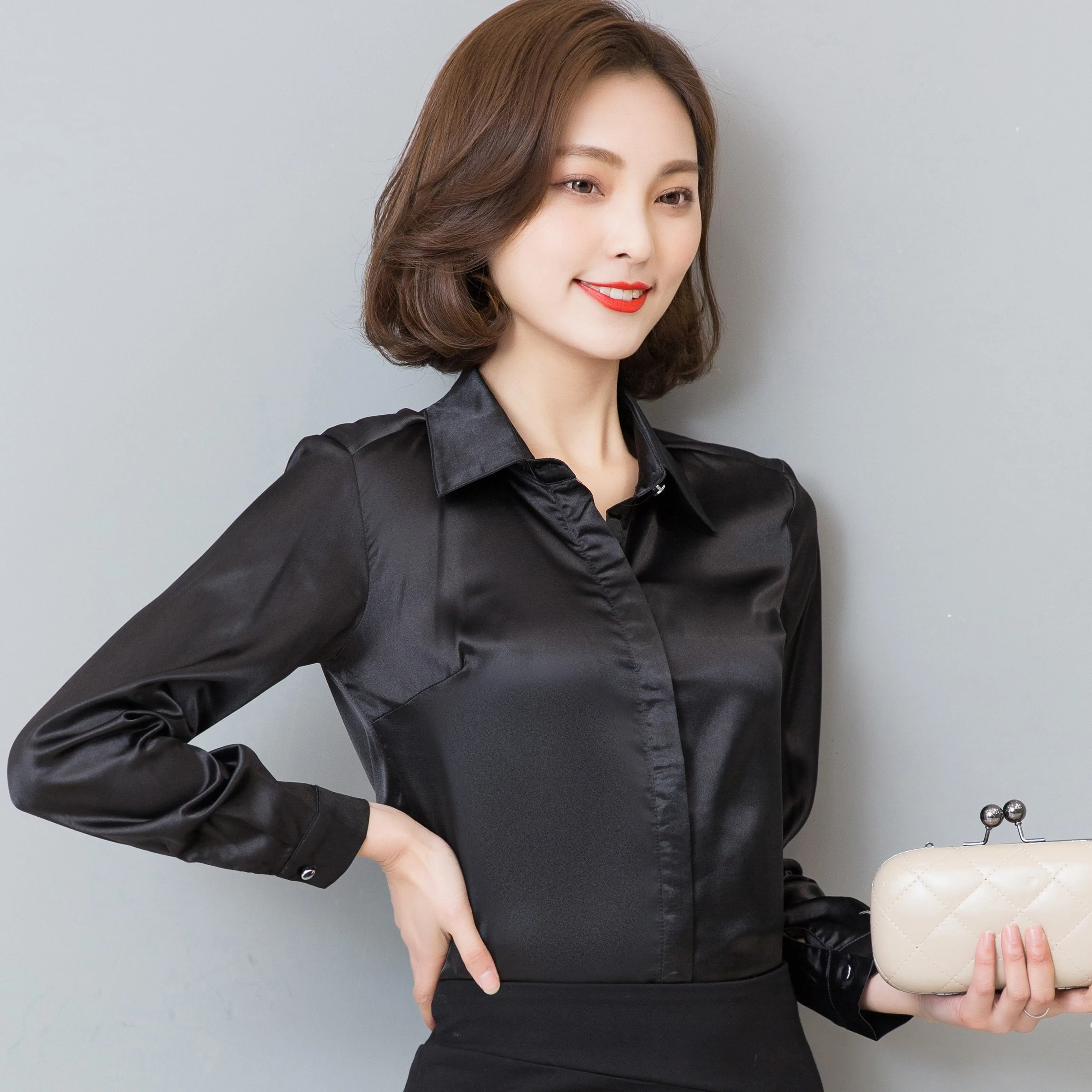 Модные женские блузки горячая Распродажа Женская Повседневная шифоновая блузка рубашка тонкие женские шелковая топы рубашка плюс размер 103B 25 - Цвет: black