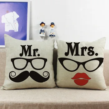 

Beautiful Glasses Mr. & Mrs. Cushion Cover Home Decorative Linen Pillow Cover Printed Husband and Wife Couple Cushion Case PC269