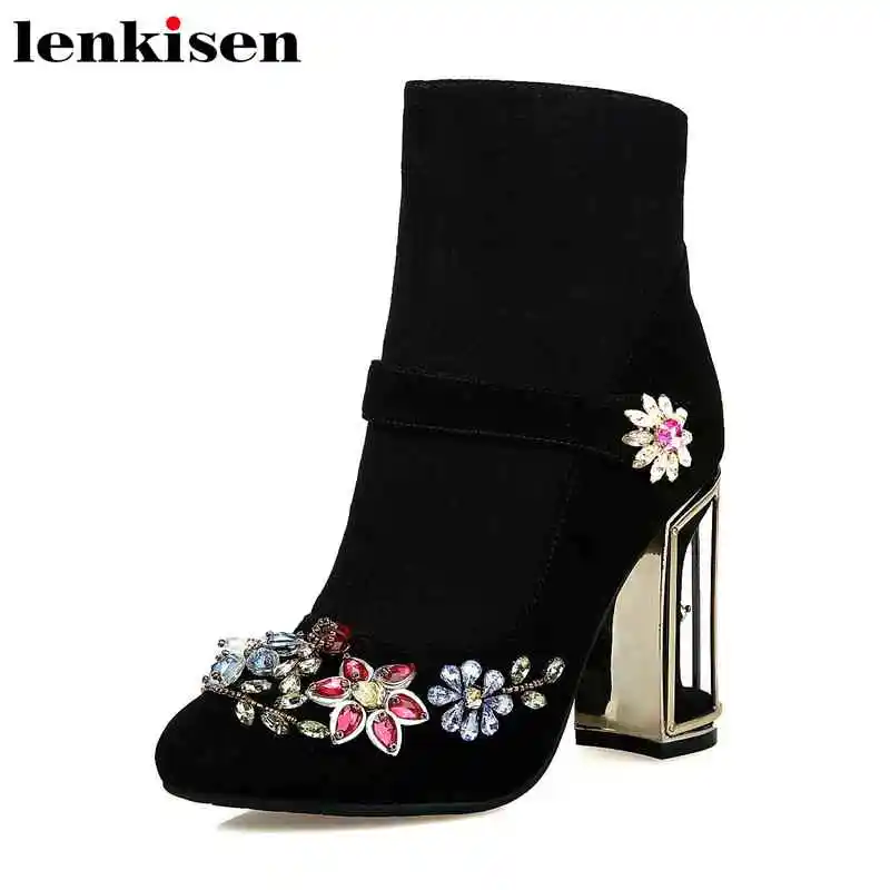 Lenkisen pop large size round toe zipper summer kid suede crystal super high bird cage heels solid party runway women boots L91