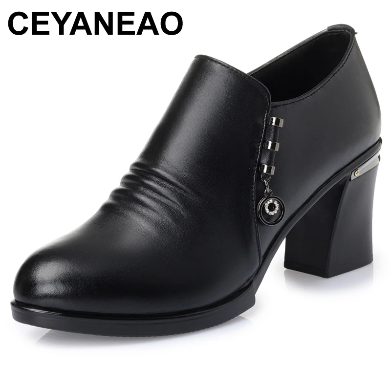 CEYANEAO Women's Genuine Leather Thick High Heels New High Quality Shoes Classic Black Pumps Shoes for Office Ladies ShoesE1936