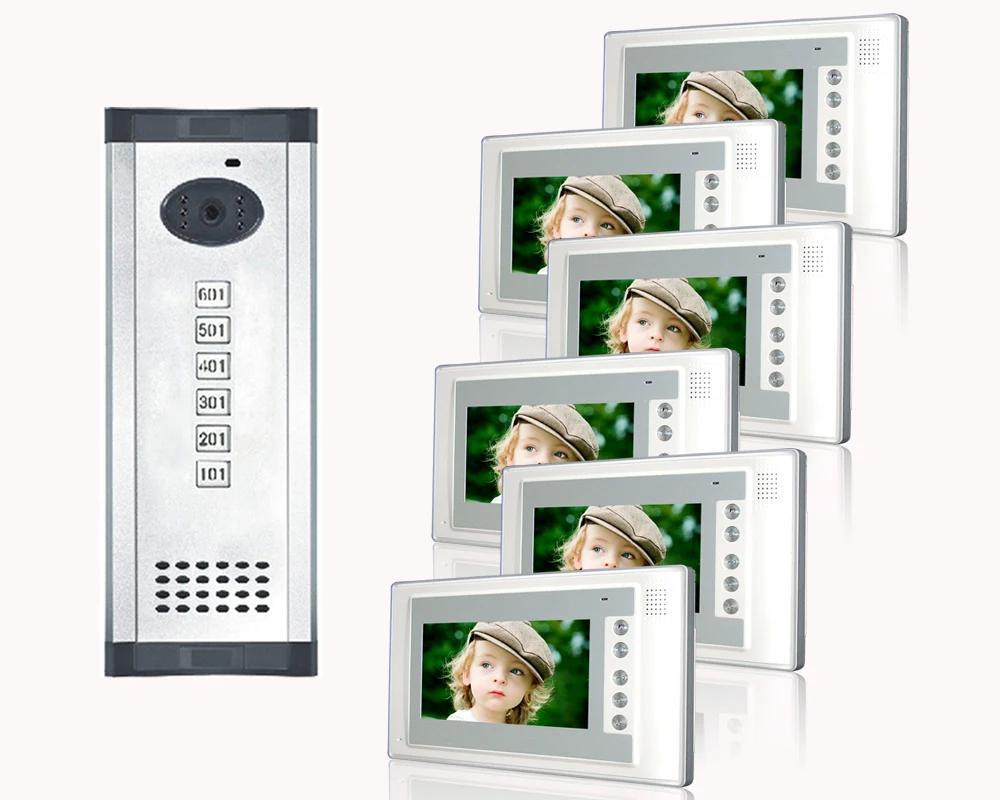 

Luxury&Fashionable panel wired video door phone support ID card unlock 6 apartments intercom system for villa Handfree