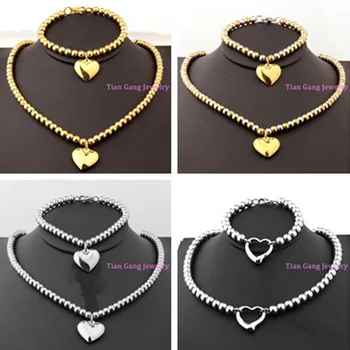 

HOT Silver Color/Gold/Silver Gold Color Stainless Steel fashion Jewelry 6mm Rosary Beads Link Heart Necklace Bracelet sets