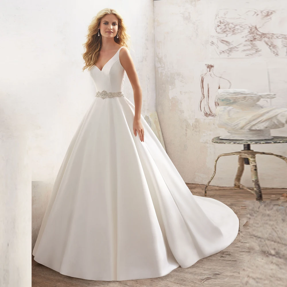 Vestido De Noiva Y V Neck Satin Back Beading Wedding Dress Vestido De Noiva Y V Neck Satin