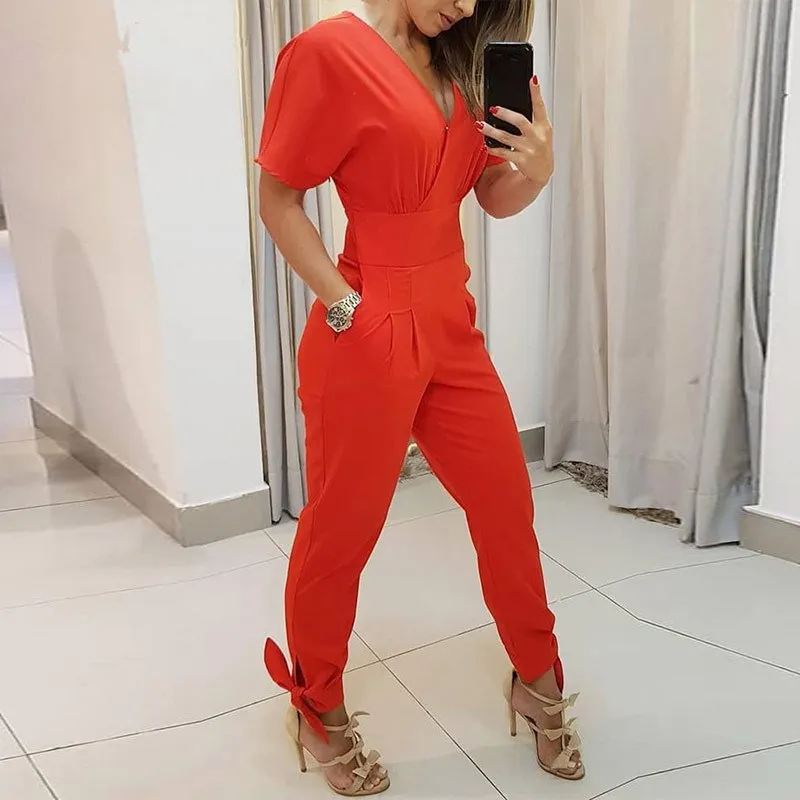 

Women Sexy V Neck Short Sleeve Solid Jumpsuit 2019 Summer Pockets Lace up Office Rompers Casual Long Loose Overalls