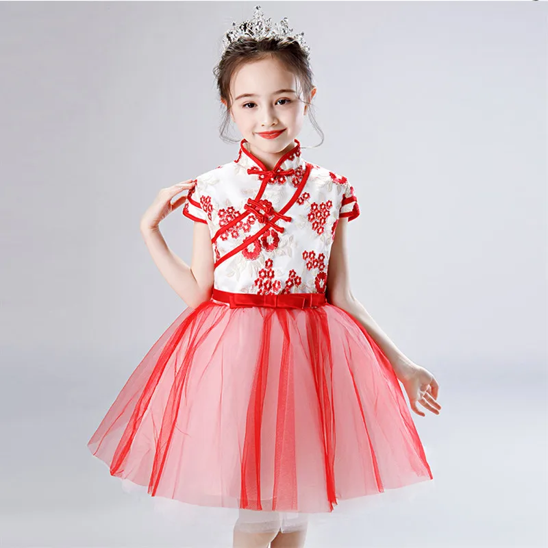 

Baby Kids 2019 Chinese Tradition Embroidery Flowers Standing-Collar Birthday Wedding Party Dress Children Girls Host Prom Dress