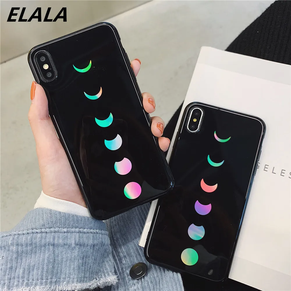 

ELALA laser case for iPhone 7 case imd black cover for iPhone X Xs Max XR 6 6s 7 8 Plus soft case rainbow aurora case euti cover