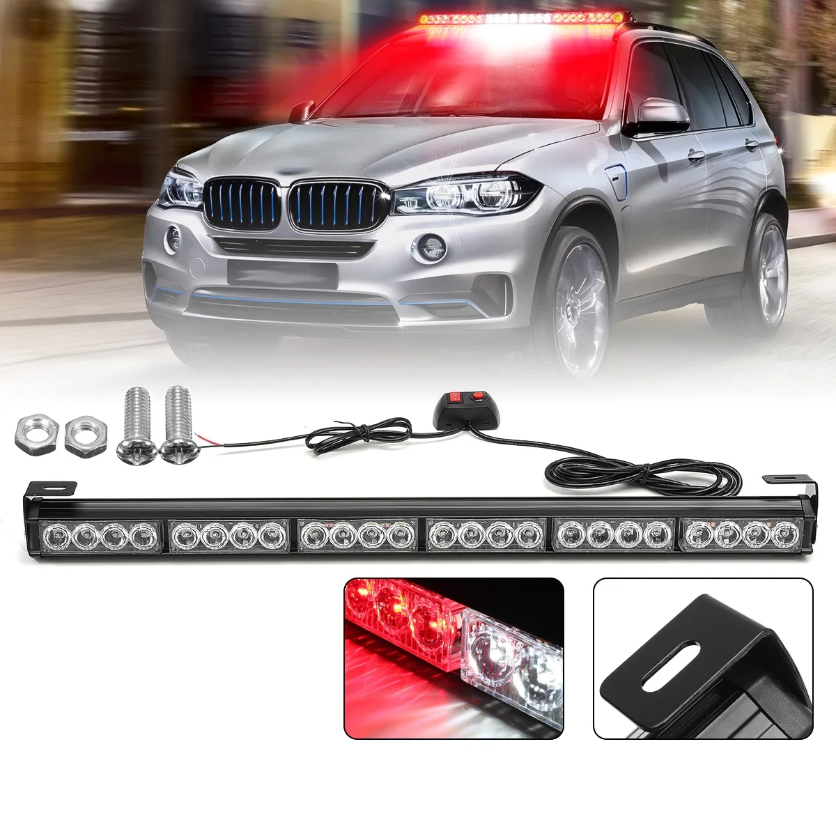 

27inch 24 LED White Red Emergency Traffic Hazard Flash Warning Light Bar Traffic Strobe Flashing Light