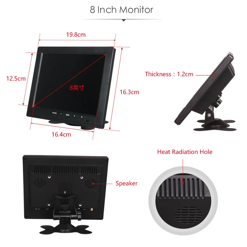  8 Inch DC 12V TFT-LCD Multi Plug Monitor HDMI VGA BNC RCA USB 1024x768 HD for Car Tuck Home CCTV PC