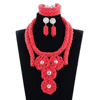 

2017 Red African Beads Bridal Women Jewelry Set Madam Lady Flower Pendant Wedding Bib Statement Necklace Set Free Shipping JB043