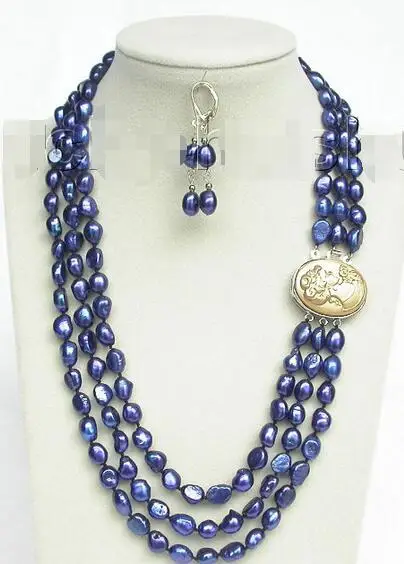 

Free Shipping >>>>>20" 3row 12mm baroque navy blue pearls necklace dangle Earrings set j8549