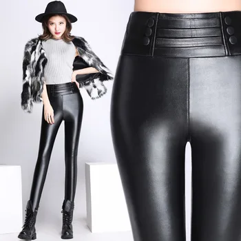 

Nonis 2018 New Women Winter Slim Fit High Elastic Pu Leather With Warm Velvet Pants Female High Waist Trousers Plus Size