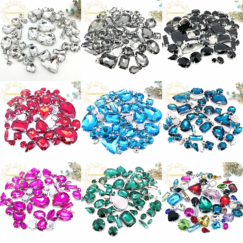 

25IZES 58PCS 10SHAPE Free shipping! Mix shape MIX size Glass Crystal sew on rhinestones with silvery claw Diy wedding dress