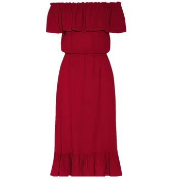 

Spring and summer red party long dress temperament strapless flounced collar elastic waist dress women
