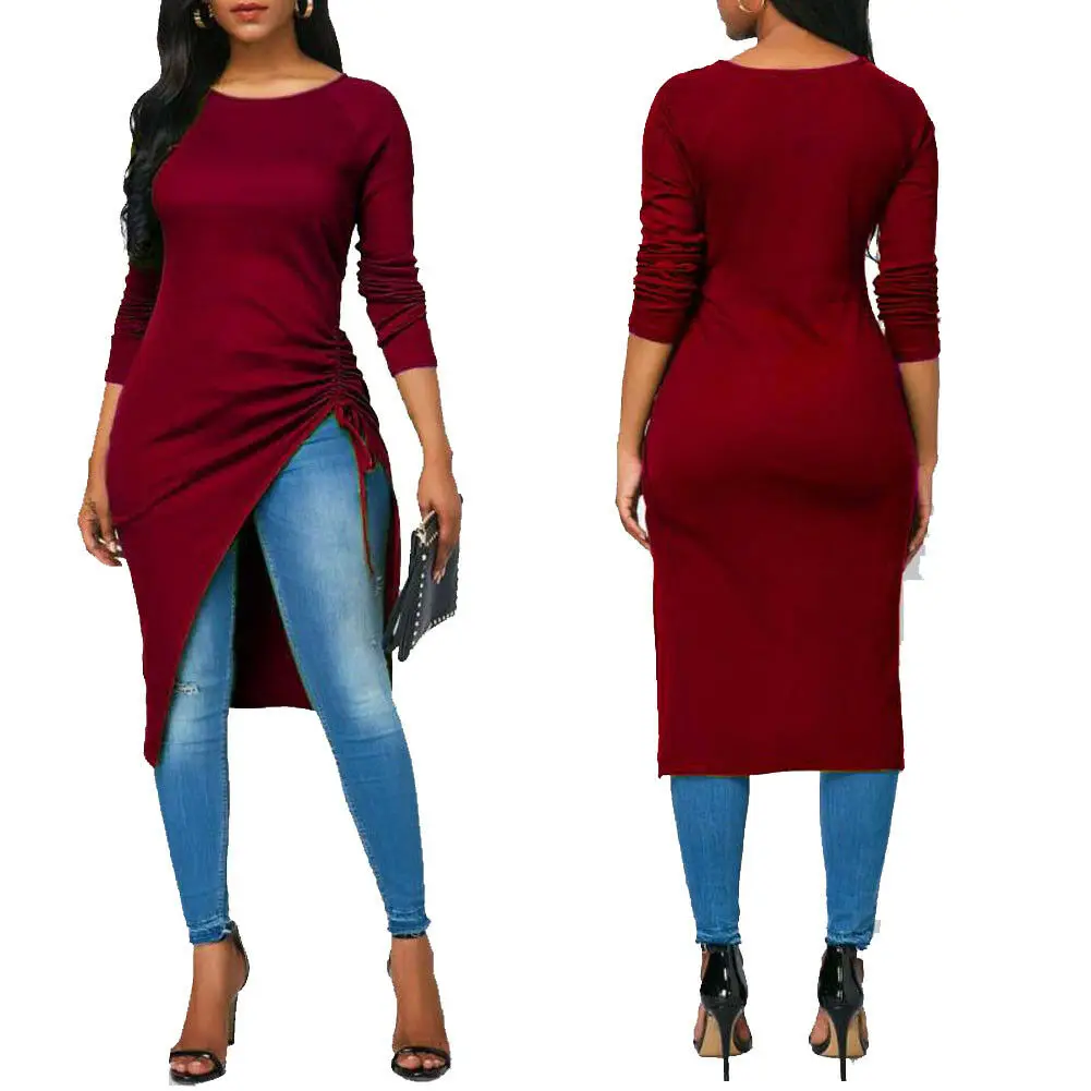 Модная трендовая женская блузка с длинным рукавом и асимметричным подолом, Осенние повседневные свободные Стильные топы, три цвета - Цвет: Wine Red