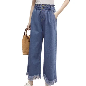 

New Spring Autumn Fashion Plus Size Women High Waist Flare Jeans Denim Pant Female Tassel Ankle-Length Pants Wide Leggings WZ133