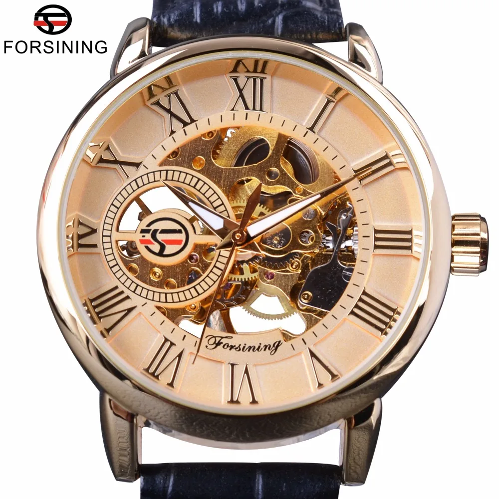 Forsining Roman Retro Series 3D Logo Designer Men Mechanical Watches Top Brand Luxury Skeleton Male Golden