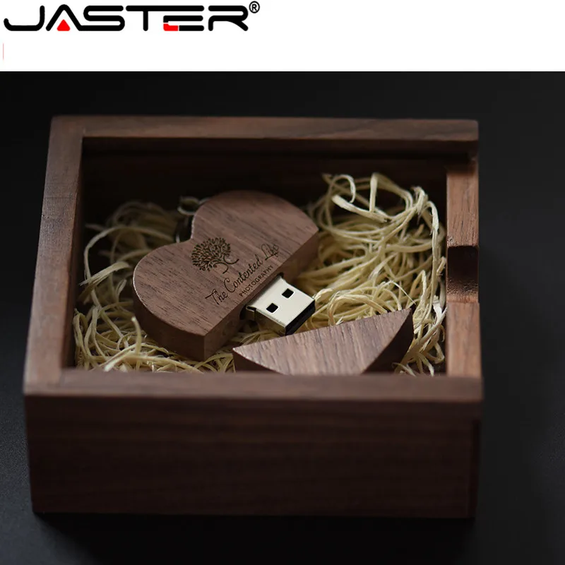 JASTER USB 2,0 деревянный usb в форме сердца+ коробка Флешка 4 ГБ 8 ГБ 16 ГБ 32 ГБ 64 Гб 128 ГБ usb флеш-накопитель внешняя карта памяти