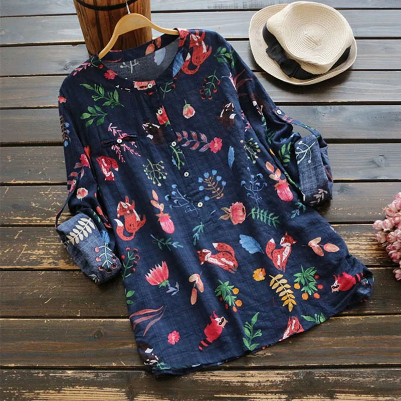 

Sweet Flower Animal Print Women Blouse Shirt Top Loose Casual Cotton Long Sleeve Ladies Clothing Blusa Female Blouses U732